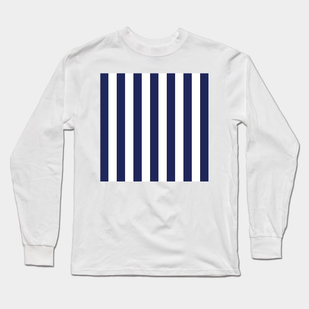 Navy Blue and White Stripes, Vertical Awning Stripes Long Sleeve T-Shirt by AmyBrinkman